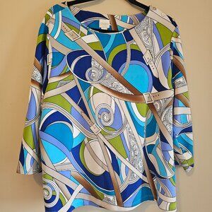 Chico's Women's Top Size 3 belt pattern long sleeve shirt-blue,cream,green